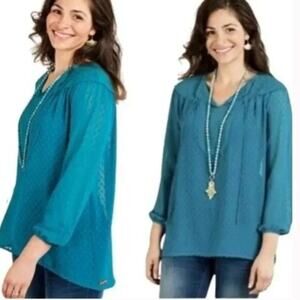 Matilda Jane Women's Charisma Swiss Dot Peasant Top Blouse Teal Size Medium